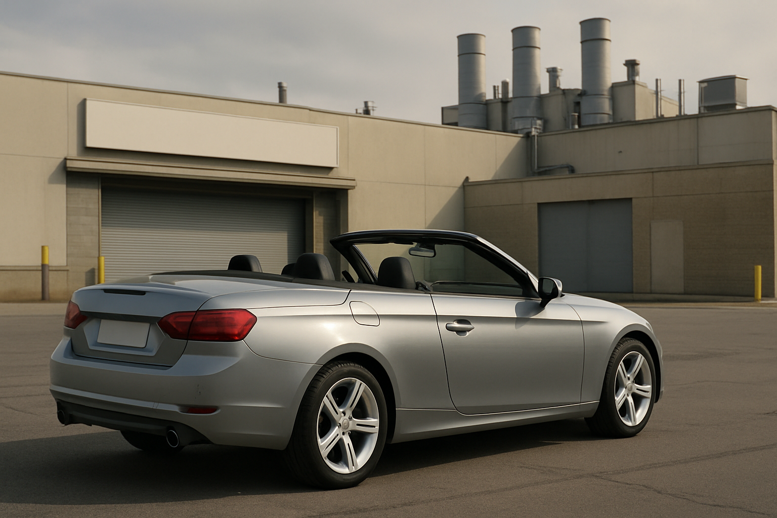 A silver convertible with its top down parked on empty asphalt in front of a beige industrial building with closed loading bays
