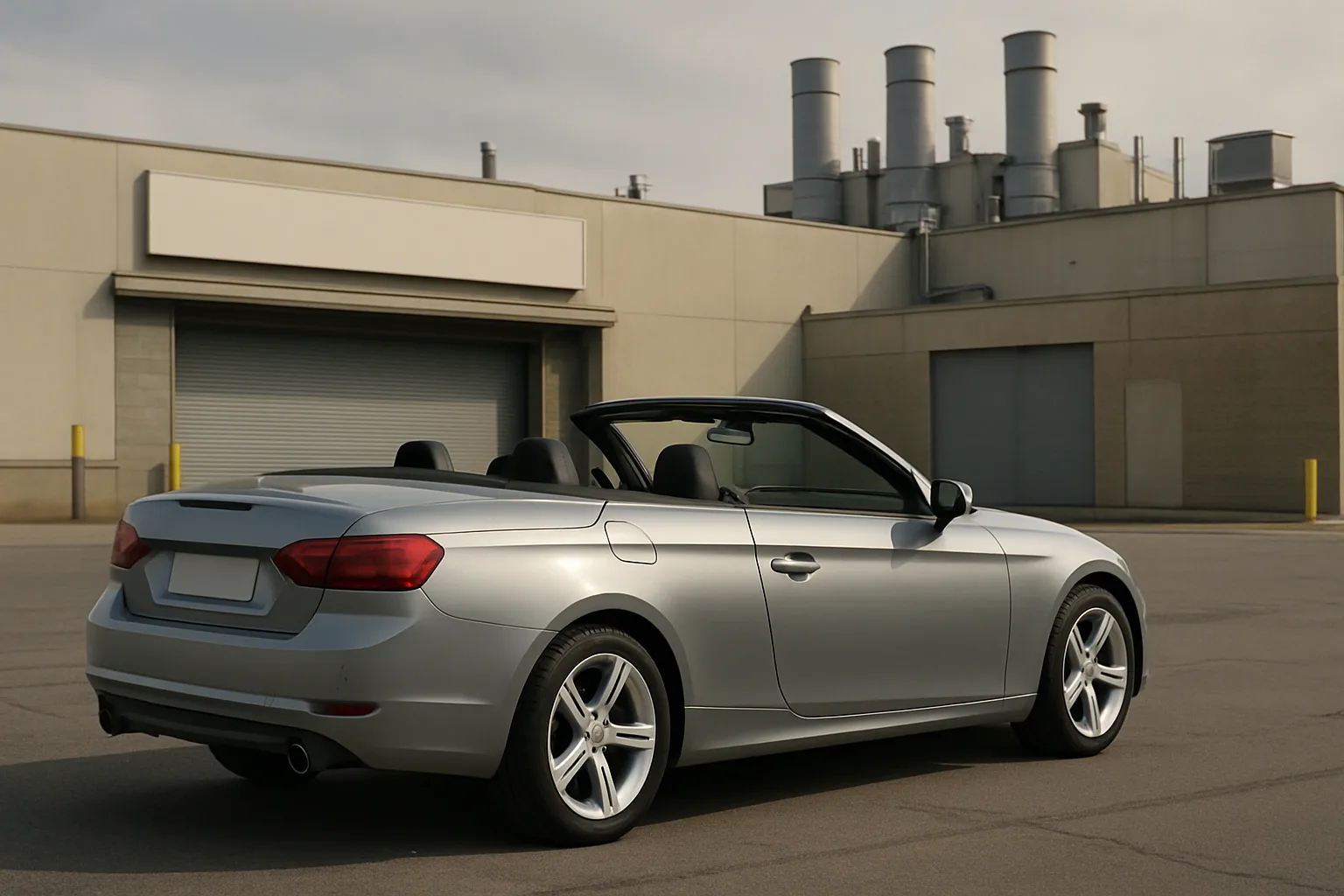A silver convertible with its top down parked on empty asphalt in front of a beige industrial building with closed loading bays