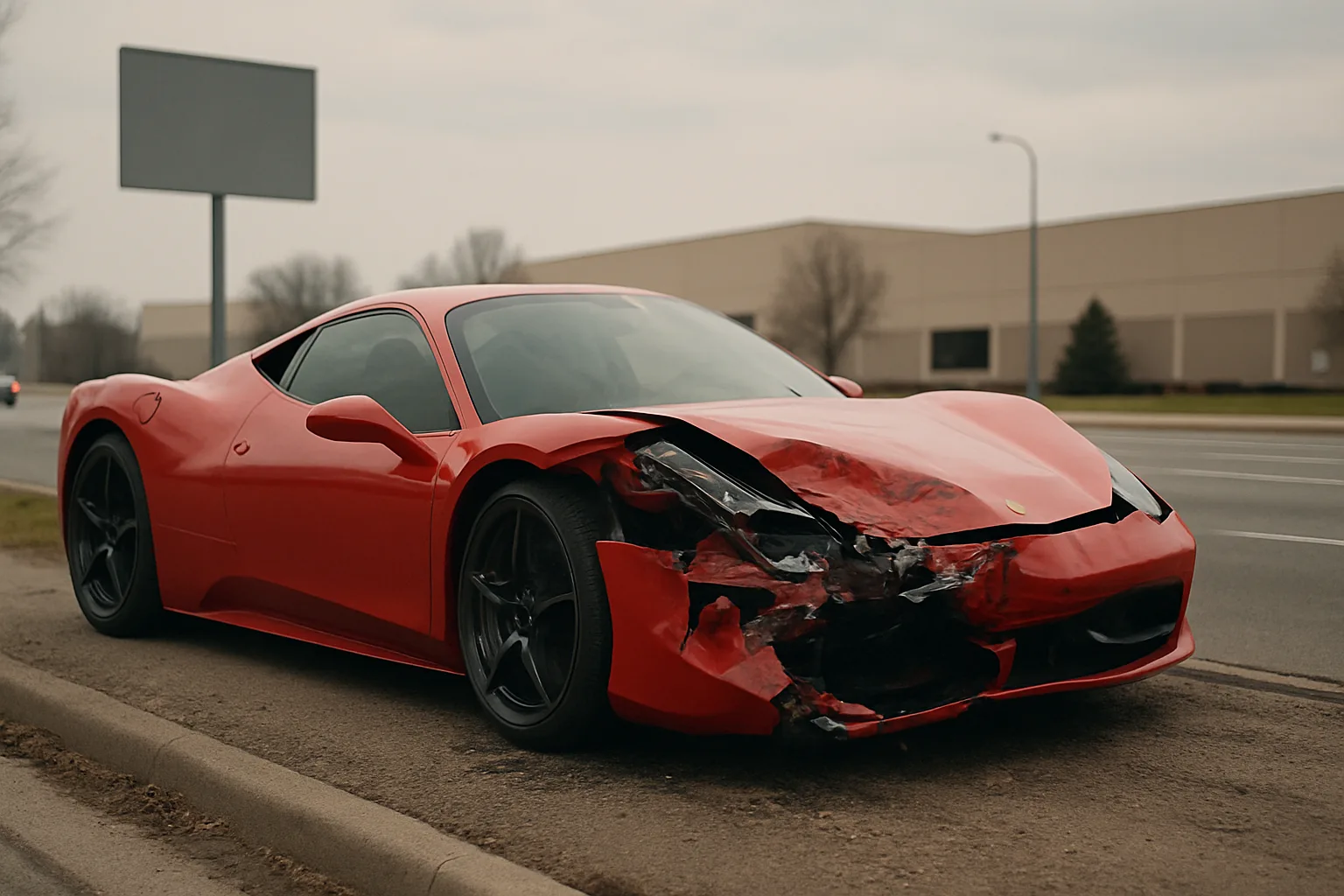 A bright red sports car with a severely damaged front end parked on a grey roadside under overcast skies