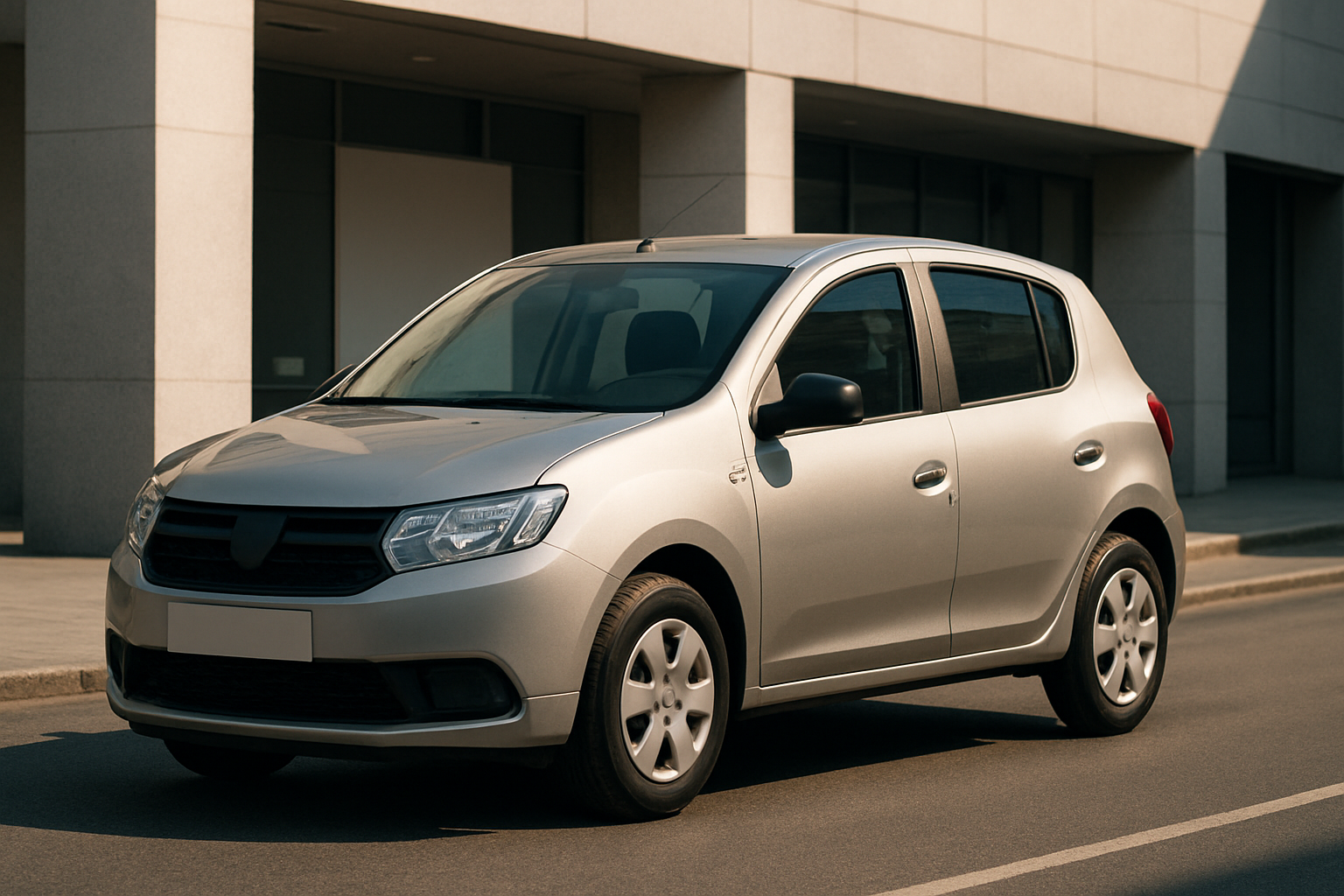 Compact silver hatchback with simple curves and black trim parked on sunlit urban street beside a pale stone building