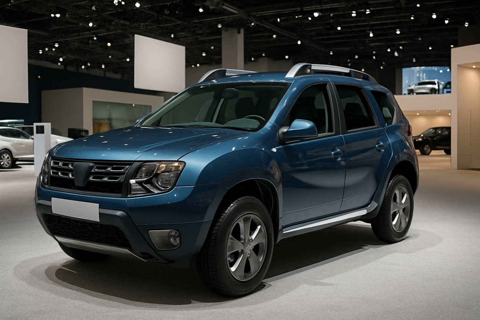 Dark blue compact SUV on display in a well-lit showroom with neutral walls and glossy floors, surrounded by spotlights
