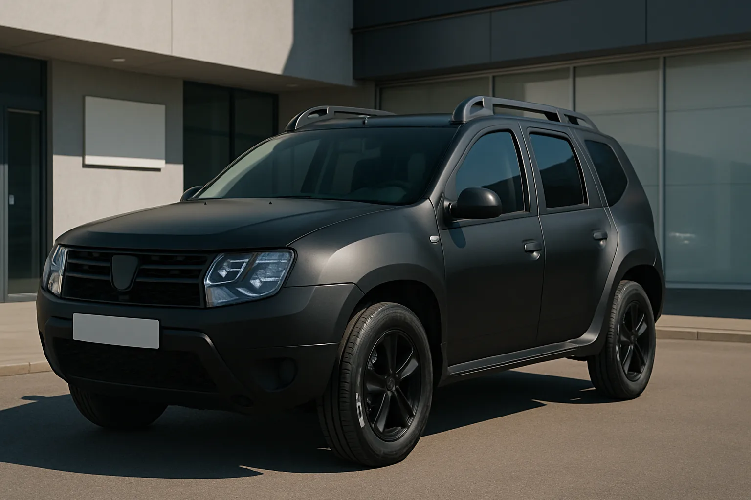 Matte black SUV with tinted windows and black alloy wheels parked on clean pavement beside a modern grey building