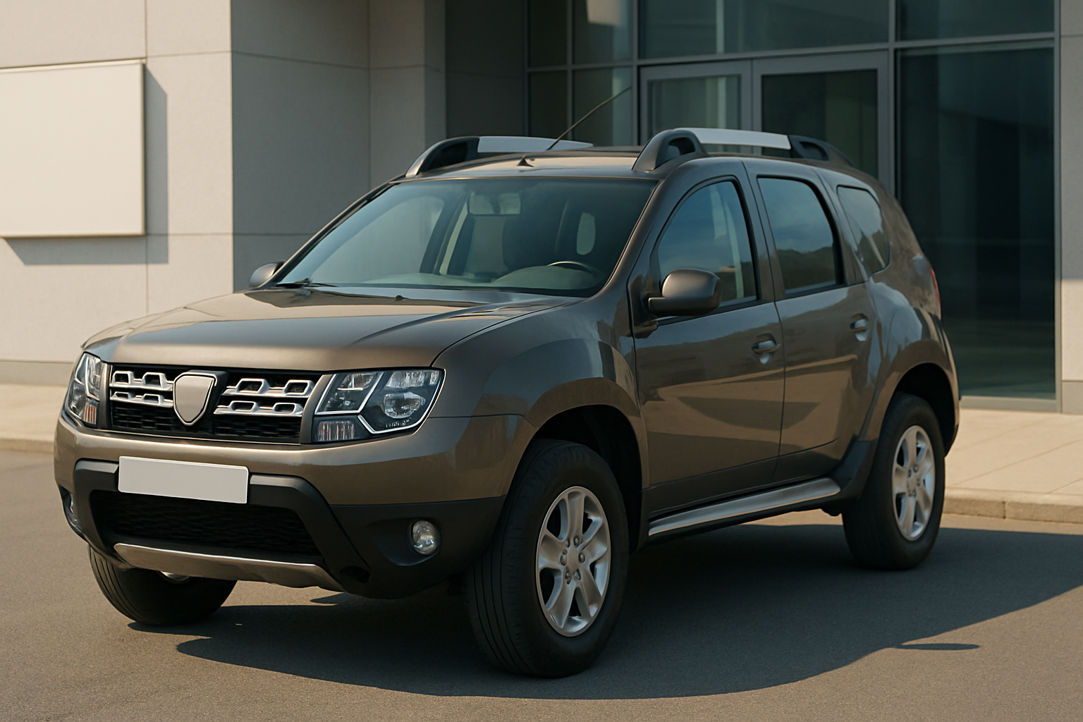 Metallic grey SUV with dark trim and roof rails parked on smooth pavement outside a modern glass-fronted building