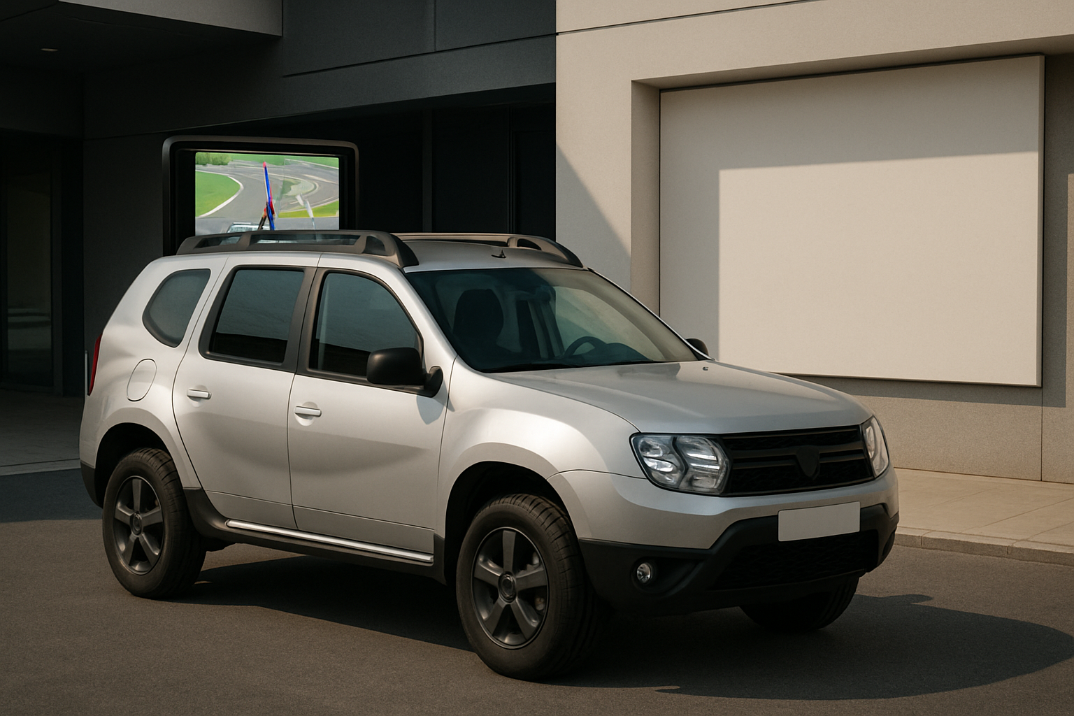 Silver SUV with dark trim parked outside a modern building, rooftop screen displaying a colourful navigation map