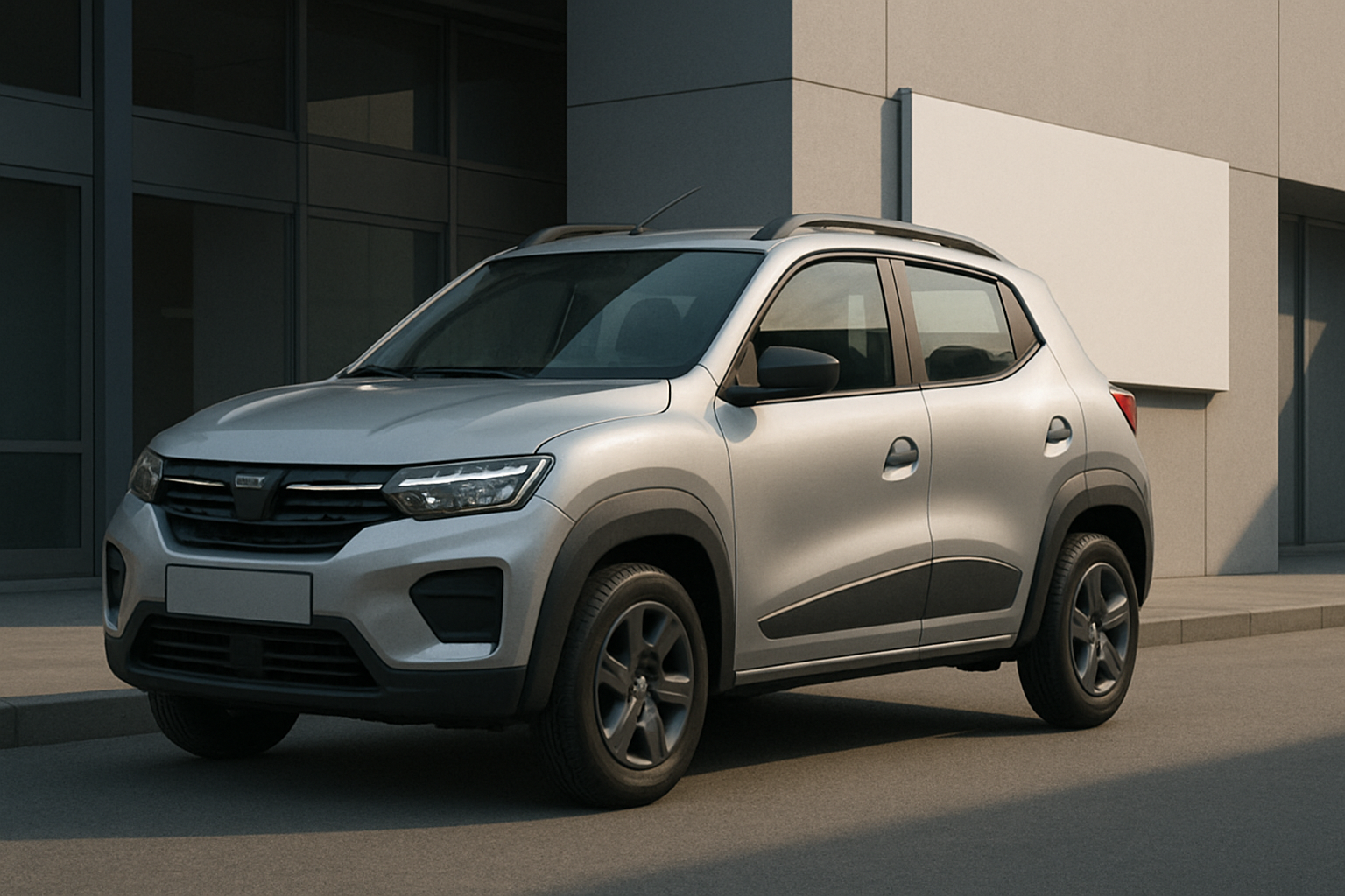 Compact silver SUV with black trim and dark wheels parked in front of a modern concrete building in soft daylight