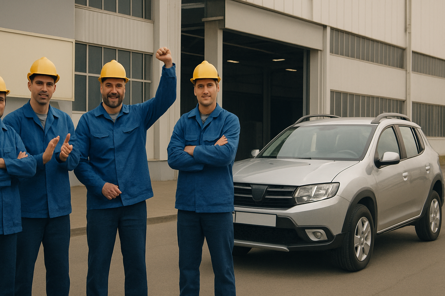 Four men in blue work uniforms and yellow hard hats stand together on an industrial site beside a silver car