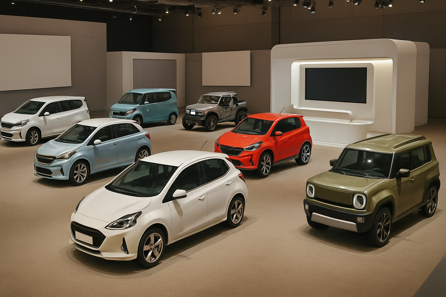 Seven compact, brightly colored cars displayed on a beige floor in a spacious, well-lit modern showroom with curved walls