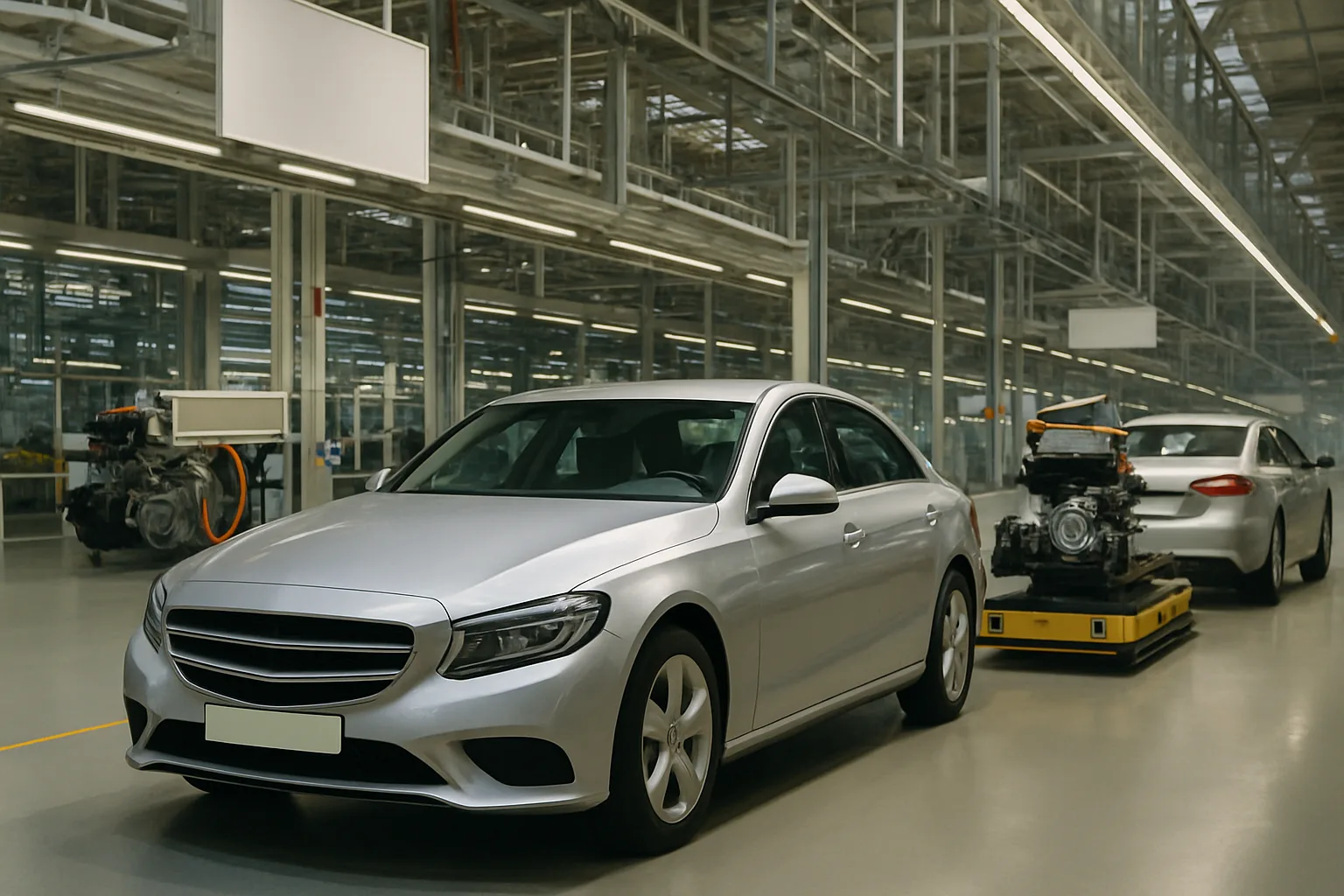 Silver sedan parked in a bright, spacious factory with polished floors and car parts in the background