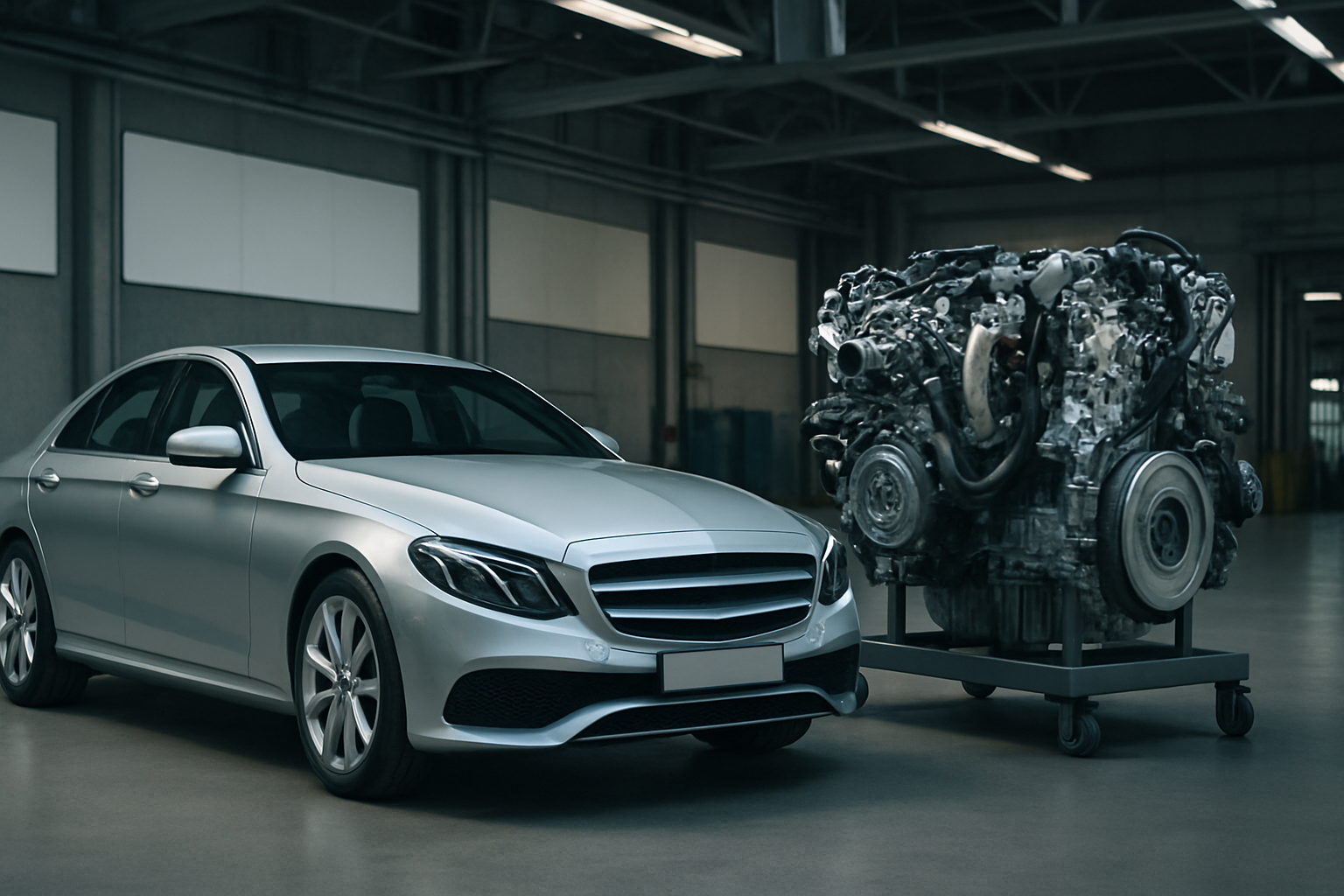 A sleek silver sedan parked indoors beside a large, complex metallic engine on a wheeled platform under soft industrial lighting
