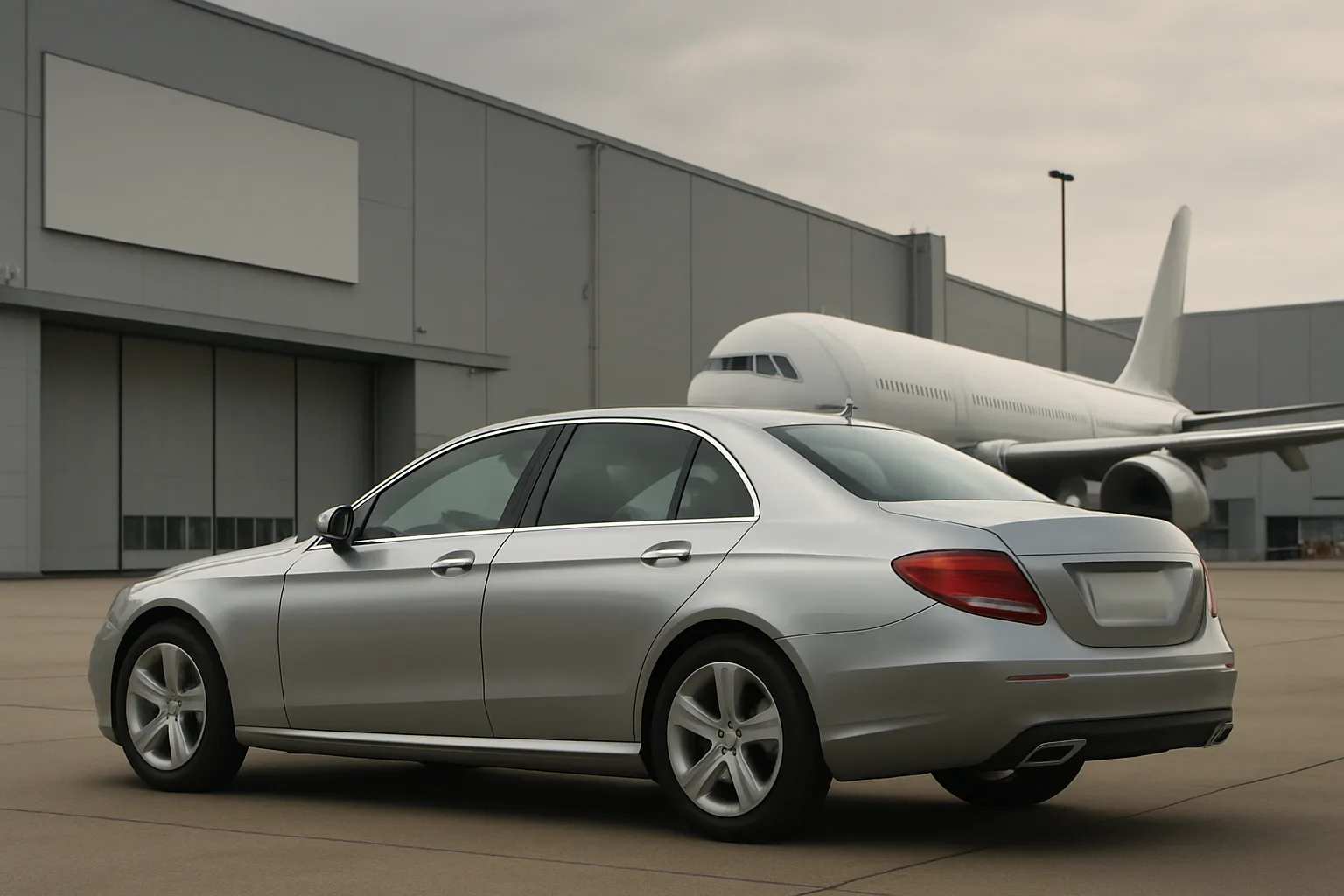 Sleek silver sedan parked in front of a large white airplane on an overcast day outside an industrial building