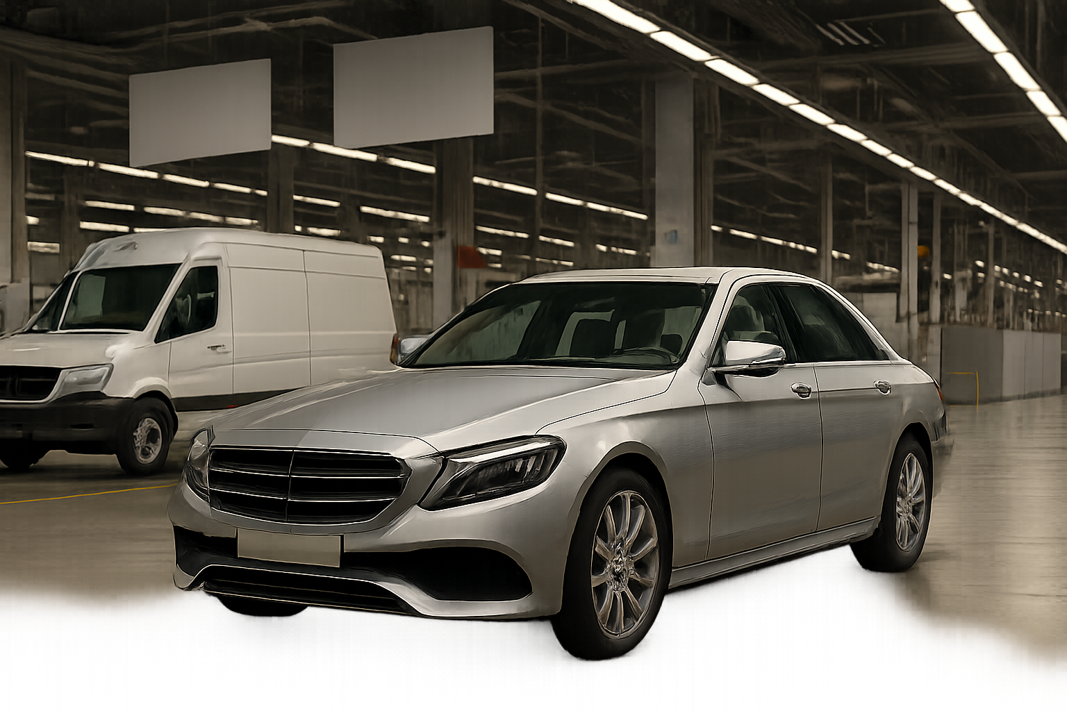 A silver sedan with dark windows parked indoors under bright overhead lights, with a white van and empty signboards behind