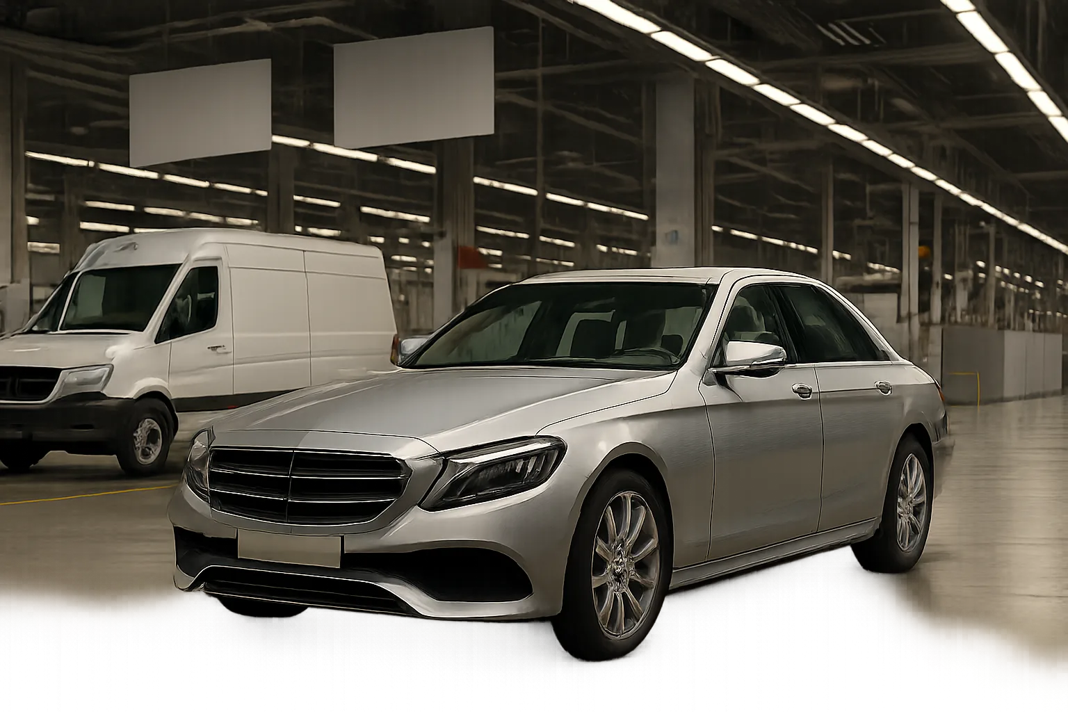 A silver sedan with dark windows parked indoors under bright overhead lights, with a white van and empty signboards behind