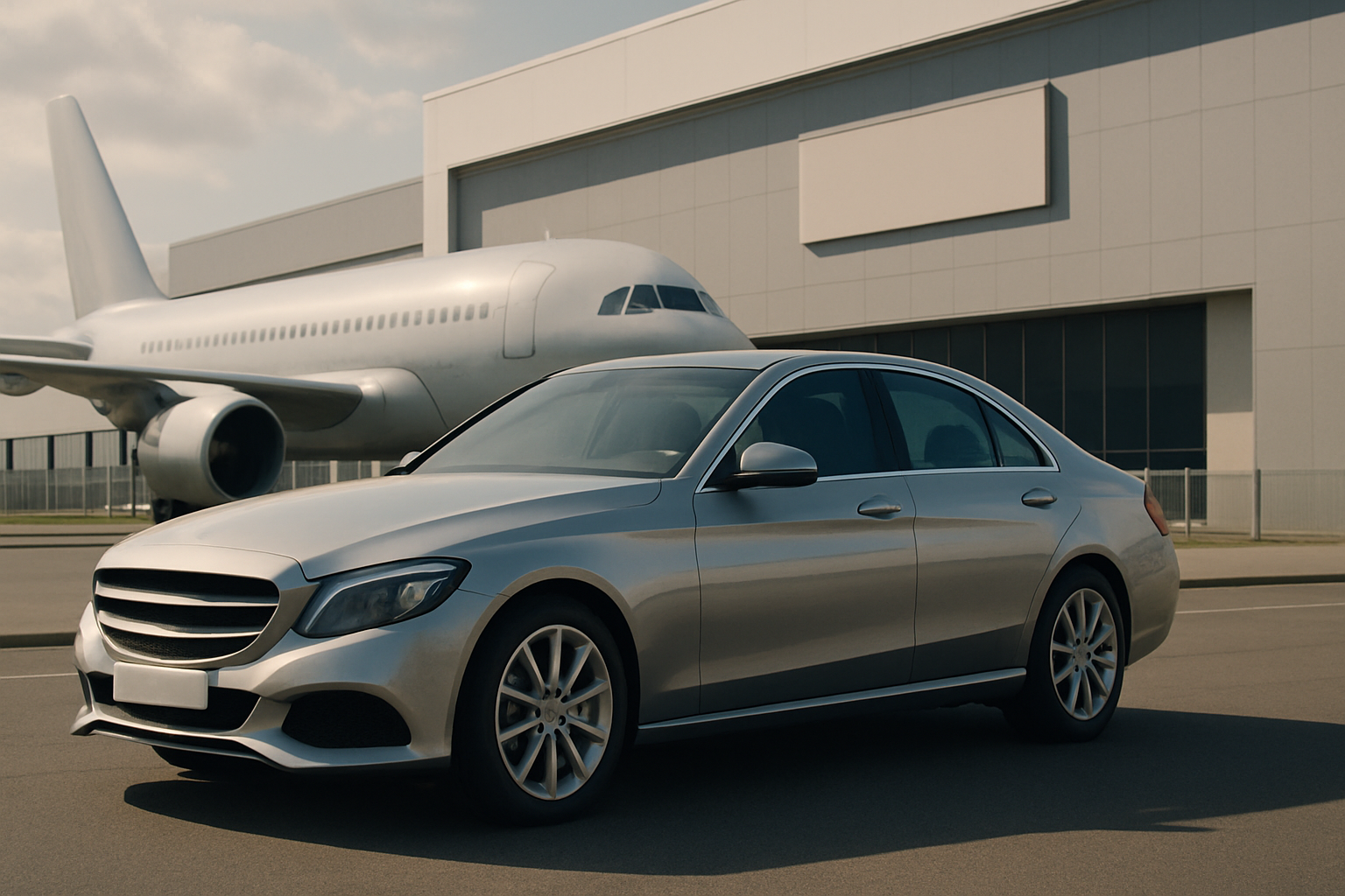 A polished silver sedan parked on tarmac in sunlight with a large white jet airliner and modern hangar in the background
