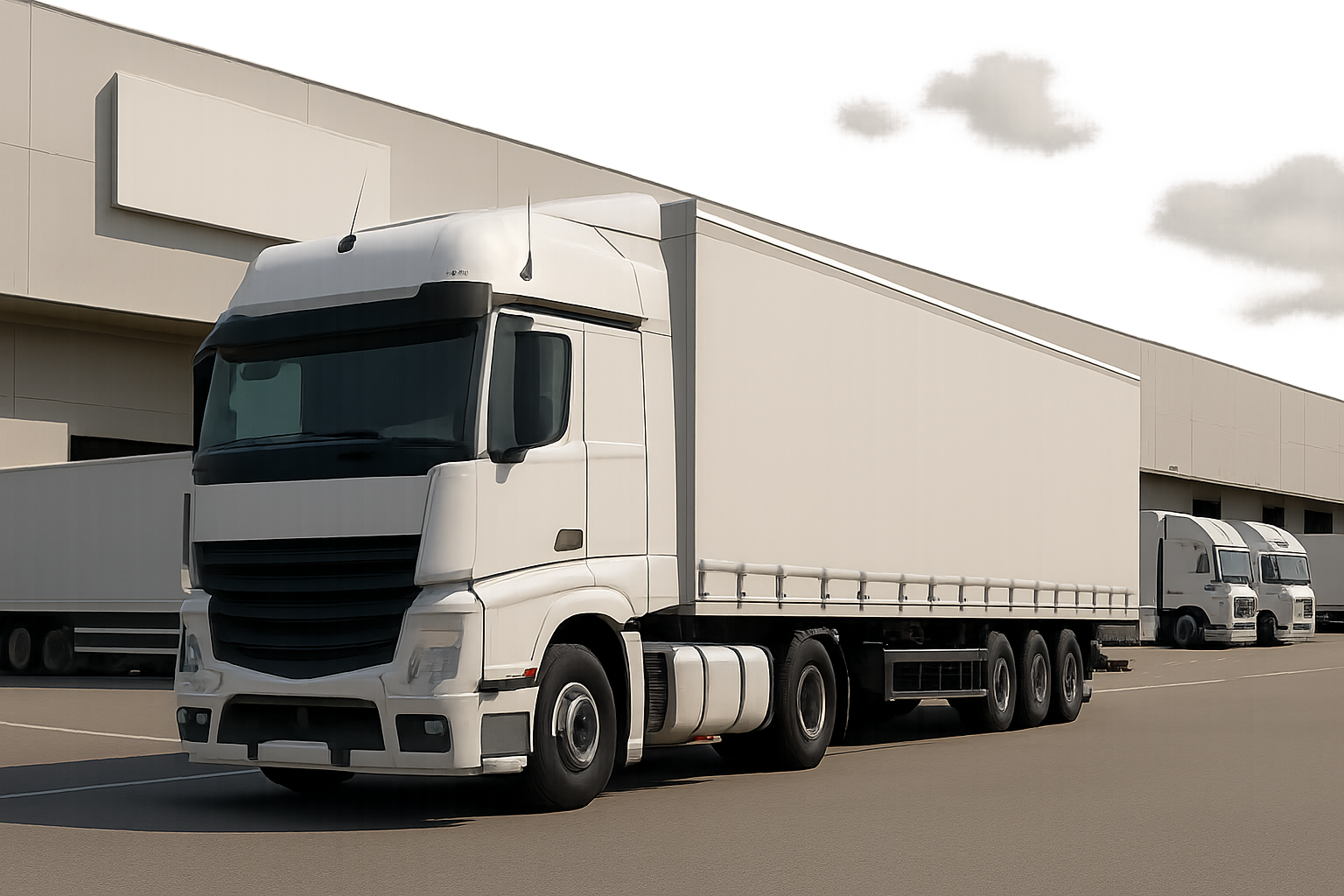 A large white articulated lorry stands on sunlit pavement beside a modern warehouse, with more trucks in the background