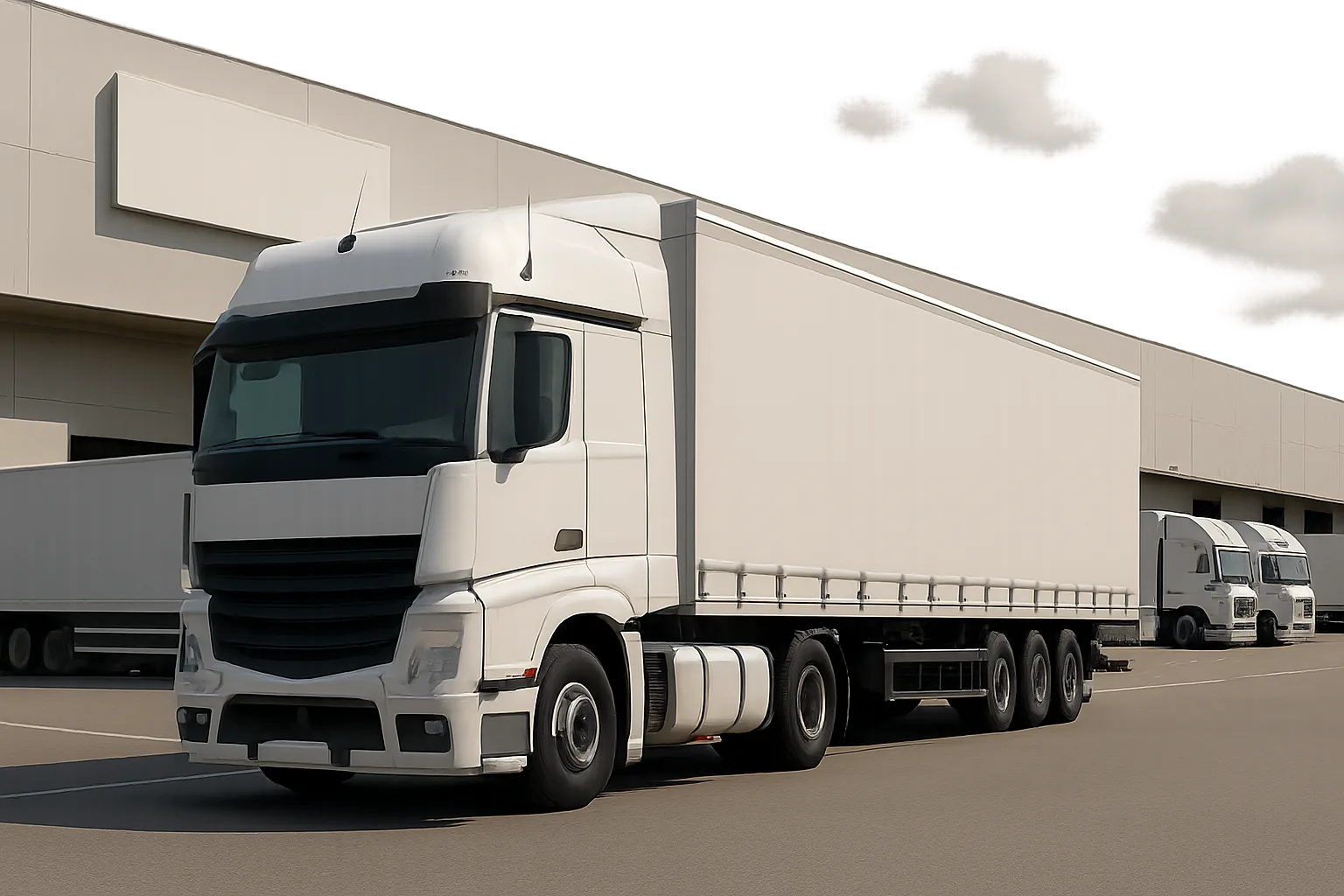 A large white articulated lorry stands on sunlit pavement beside a modern warehouse, with more trucks in the background