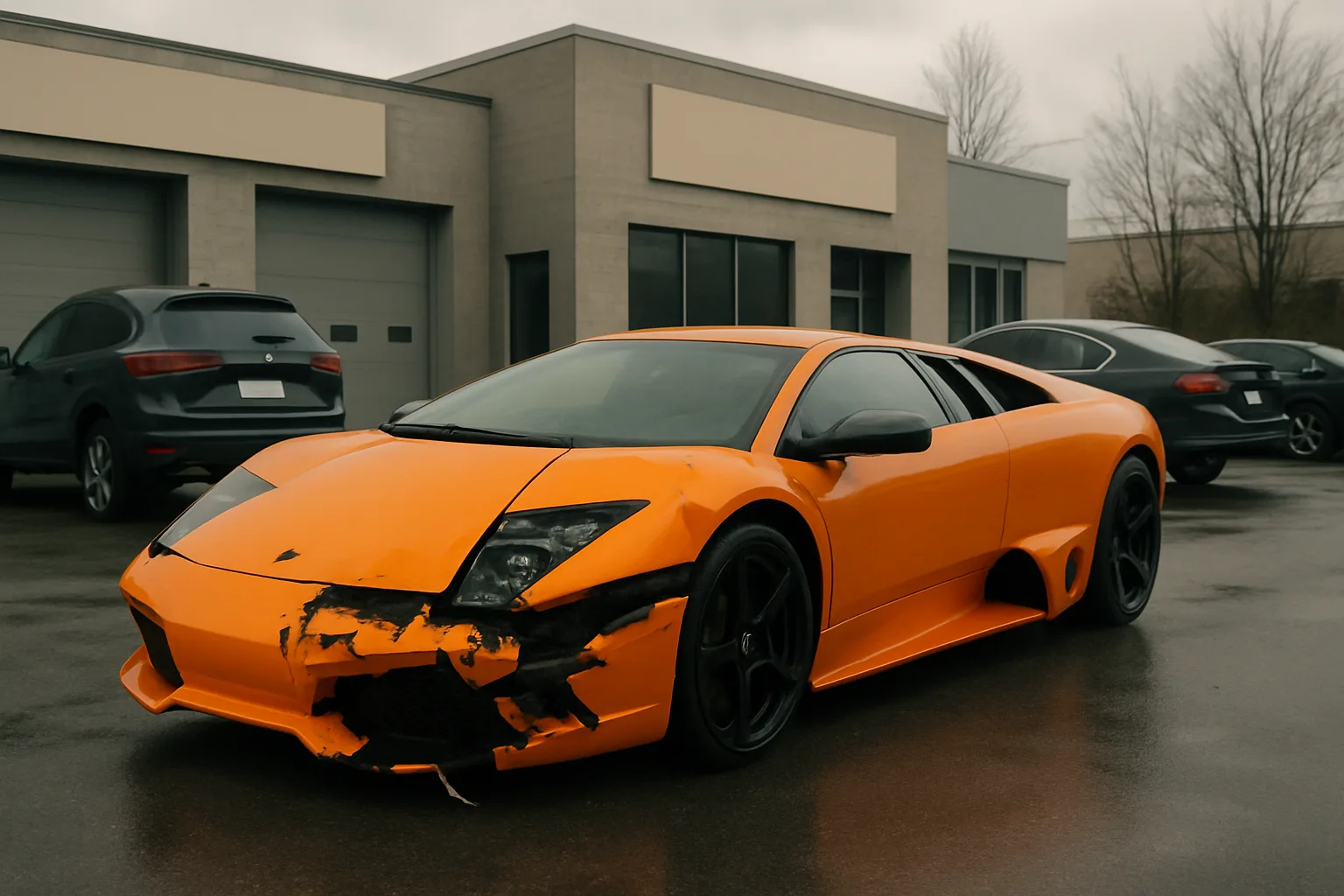Bright orange sports car with a black-wheeled, low-slung profile and heavy front-end damage, parked on wet pavement outside garages