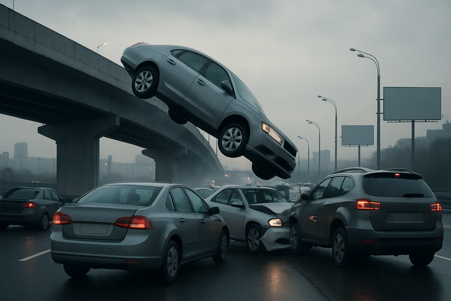 Silver sedans and SUVs at dusk as one car arches midair above a collision on a wet highway under cloudy skies