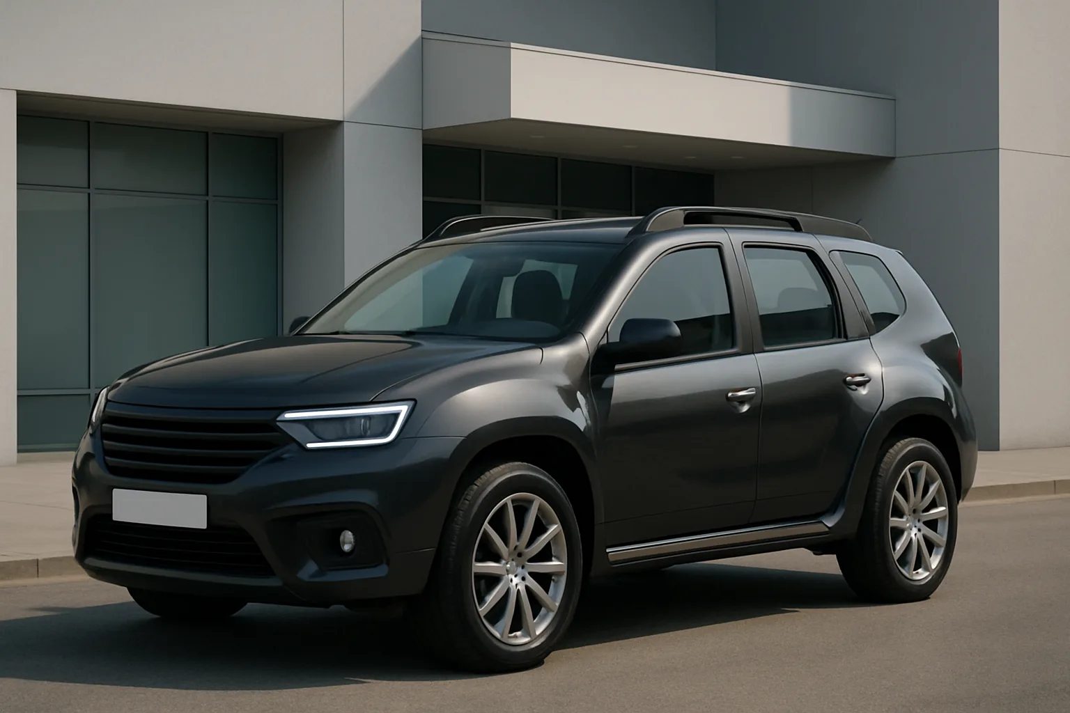 Dark grey SUV with sculpted sides, bold grille and sleek headlights parked beside a modern light-grey building