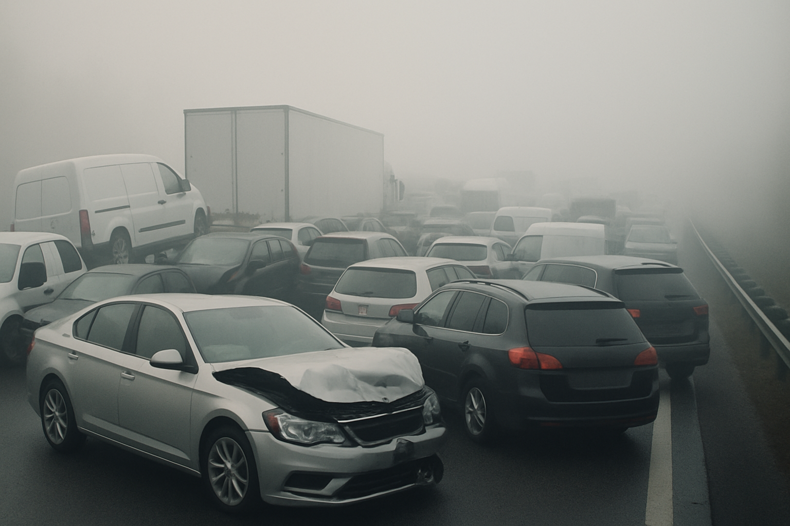 Dozens of grey and dark-coloured cars, some damaged, clustered across a foggy multi-lane highway with low visibility