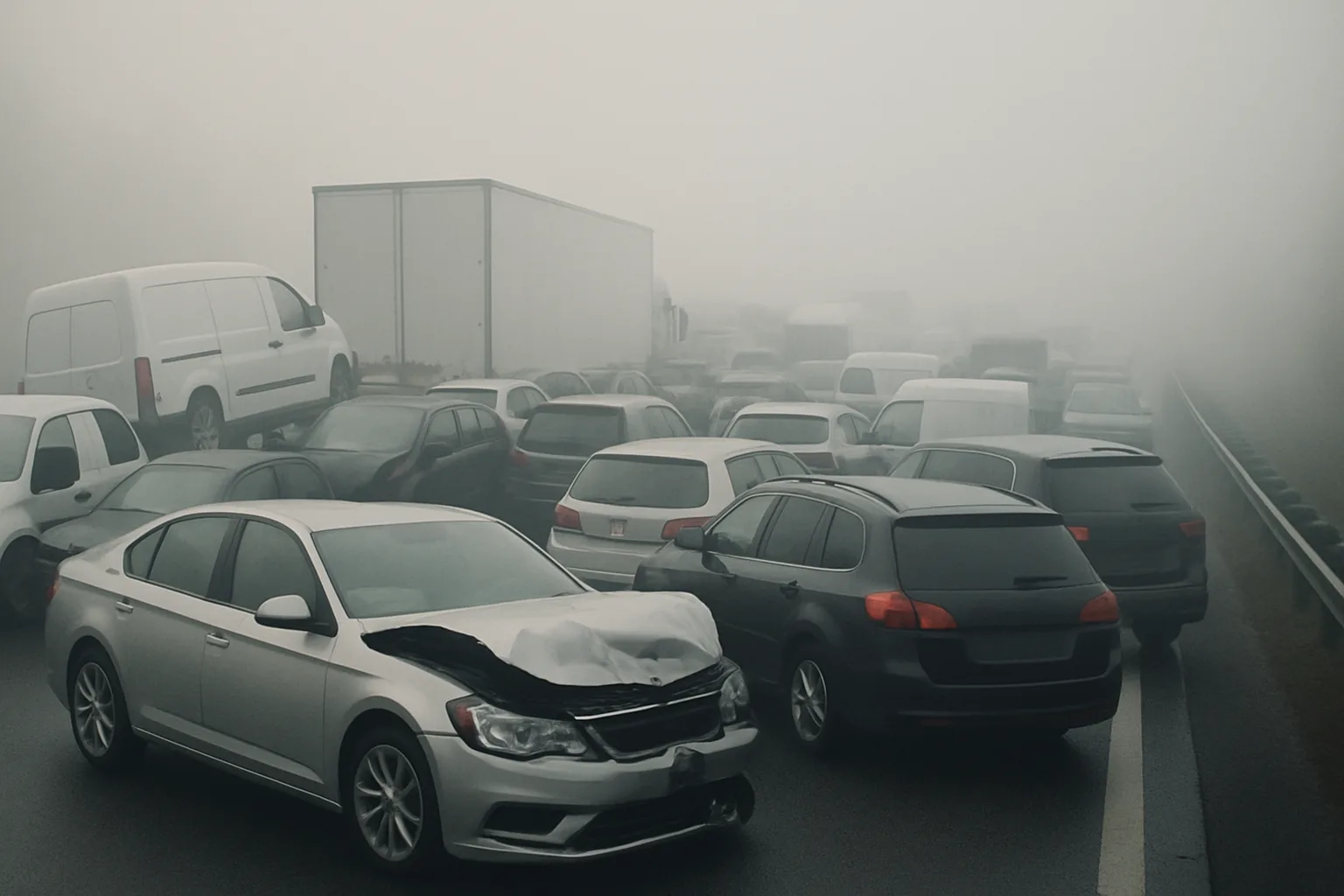 Dozens of grey and dark-coloured cars, some damaged, clustered across a foggy multi-lane highway with low visibility