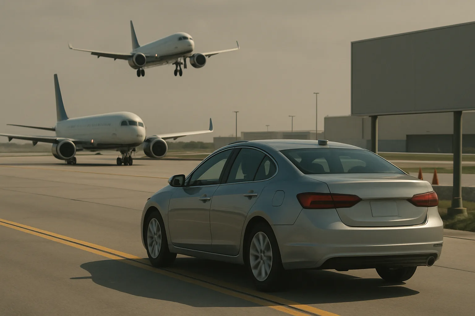 A silver car waits on tarmac near two jet planes, one parked and one descending, under hazy daylight skies