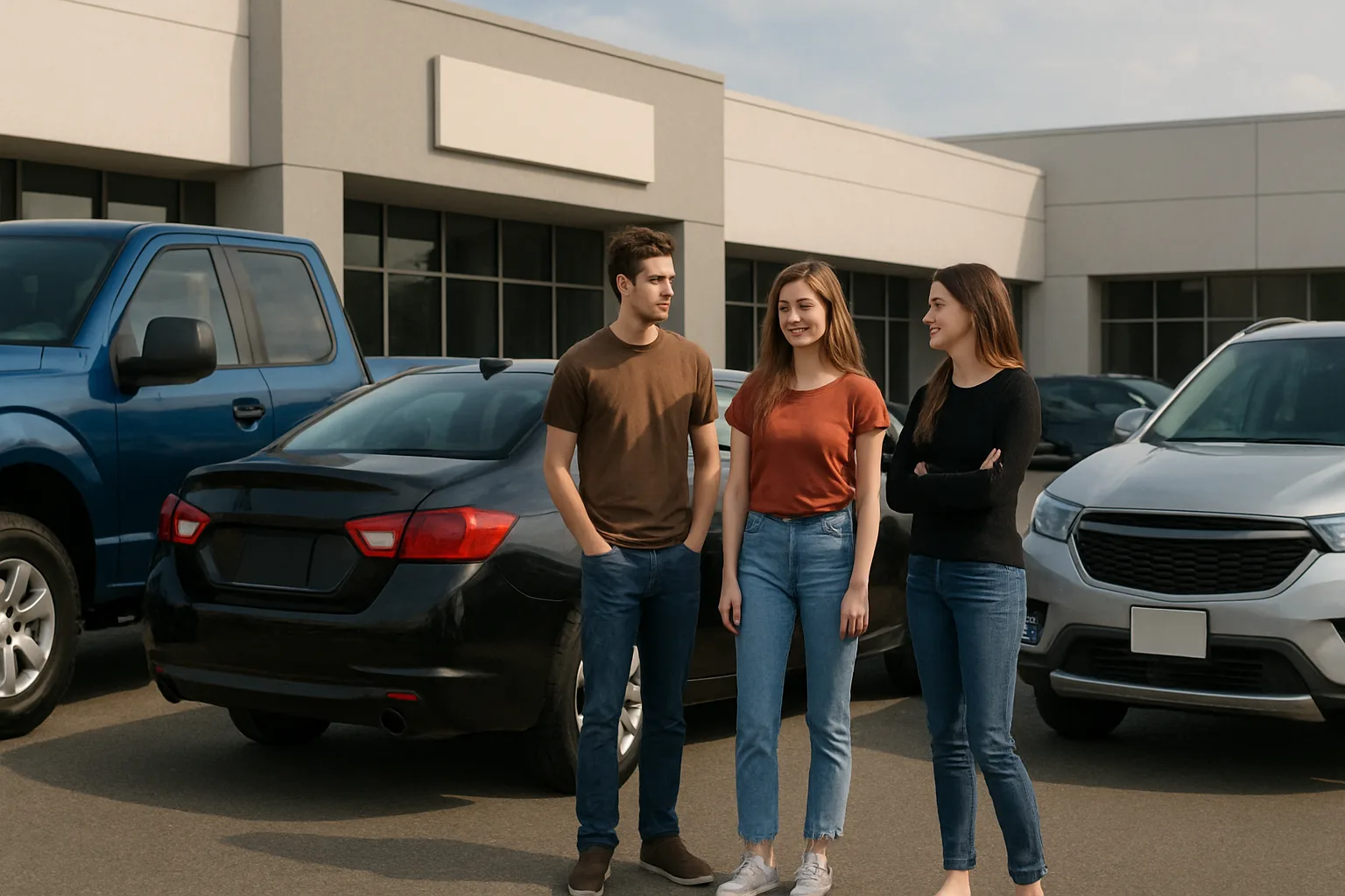 Three young adults in casual clothes stand together in front of parked cars outside a modern, pale building in gentle daylight