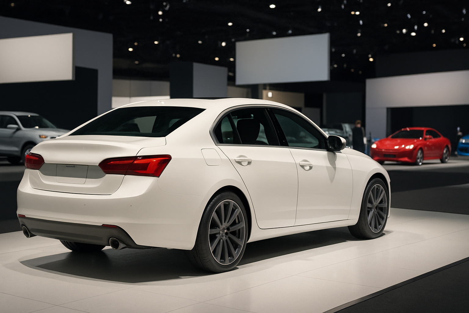 Sleek white sedan on a raised platform under bright spotlights, with blurred cars and geometric booths in the background