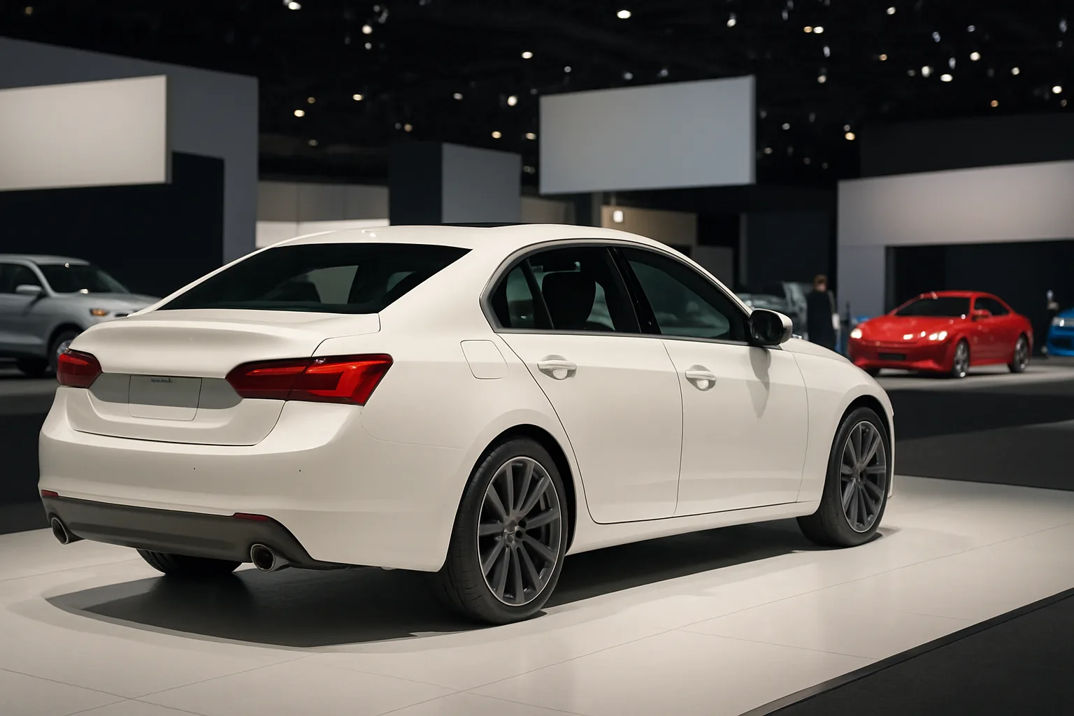 Sleek white sedan on a raised platform under bright spotlights, with blurred cars and geometric booths in the background