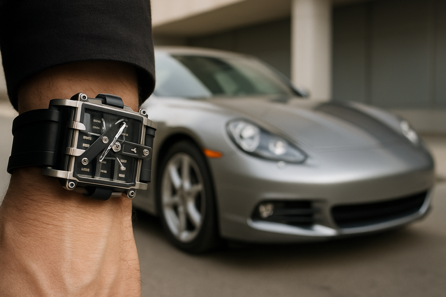 A chunky, futuristic black and silver watch with visible moving belts is worn on a wrist in front of a blurred silver car