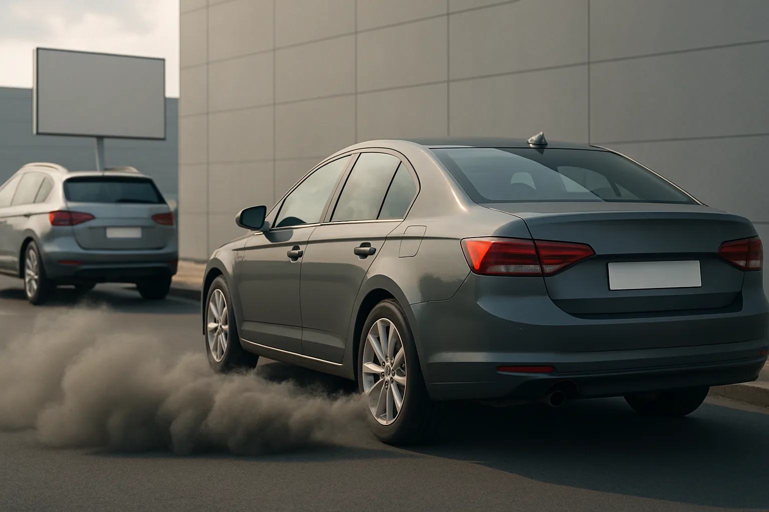 A grey sedan emits a thick cloud of dark exhaust as it drives past a blank billboard and another car on an empty street