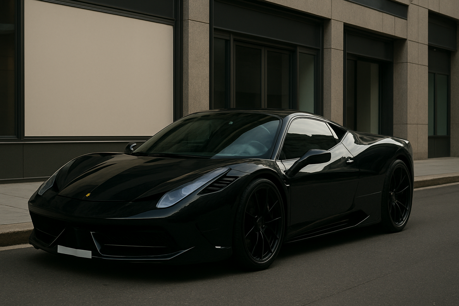 Sleek black sports car with tinted windows and glossy bodywork parked on a paved street beside a modern building