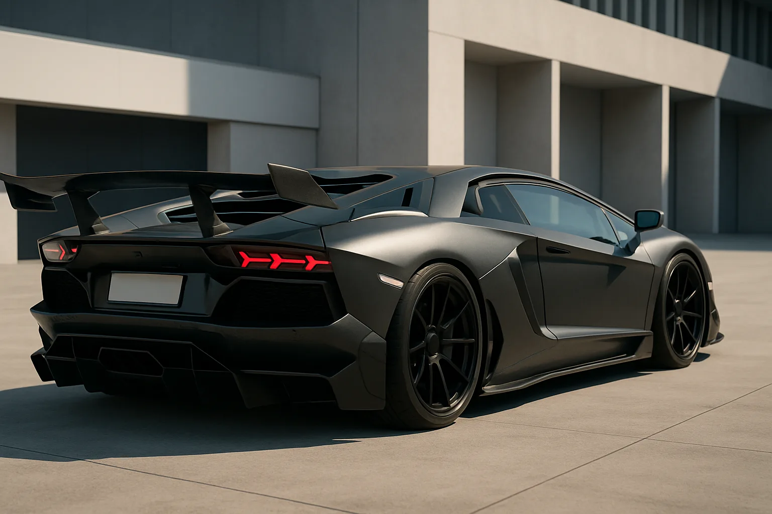 Matte black angular sports car with wide rear wing and red taillights parked on sunlit concrete outside a modern building