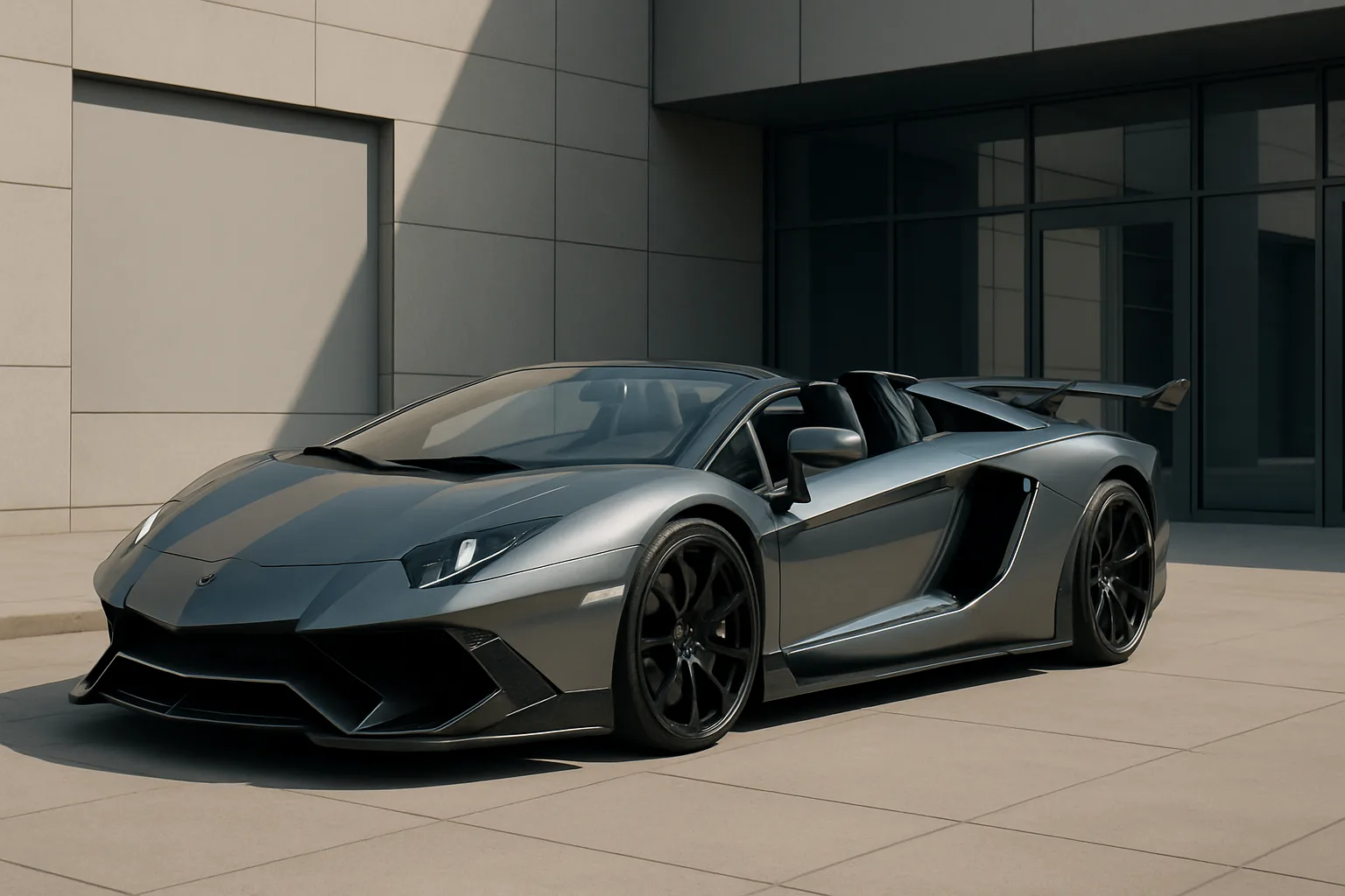 A sleek, low-slung metallic grey sports car with sharp angular lines and black accents parked on modern stone paving