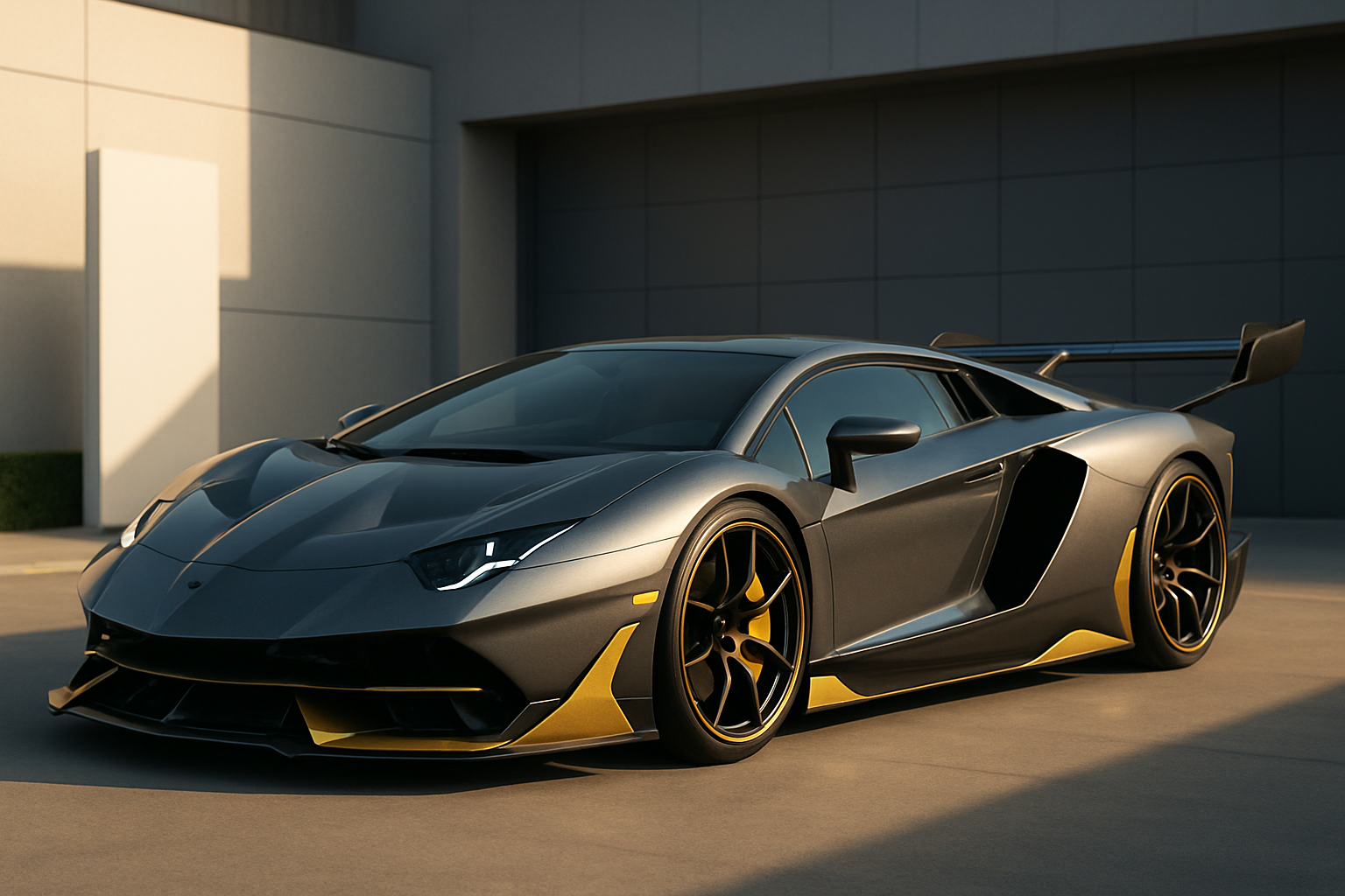 A sleek, dark grey sports car with gold accents and a prominent rear wing parked on a sunlit concrete surface
