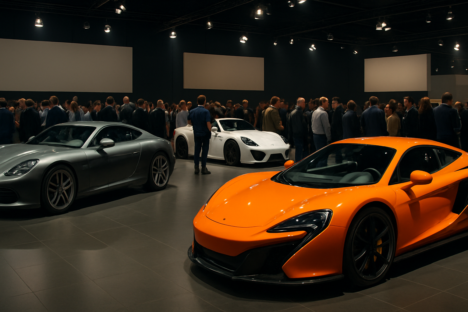 Three sleek, brightly lit sports cars in silver, white and orange on display before a large crowd in a modern showroom