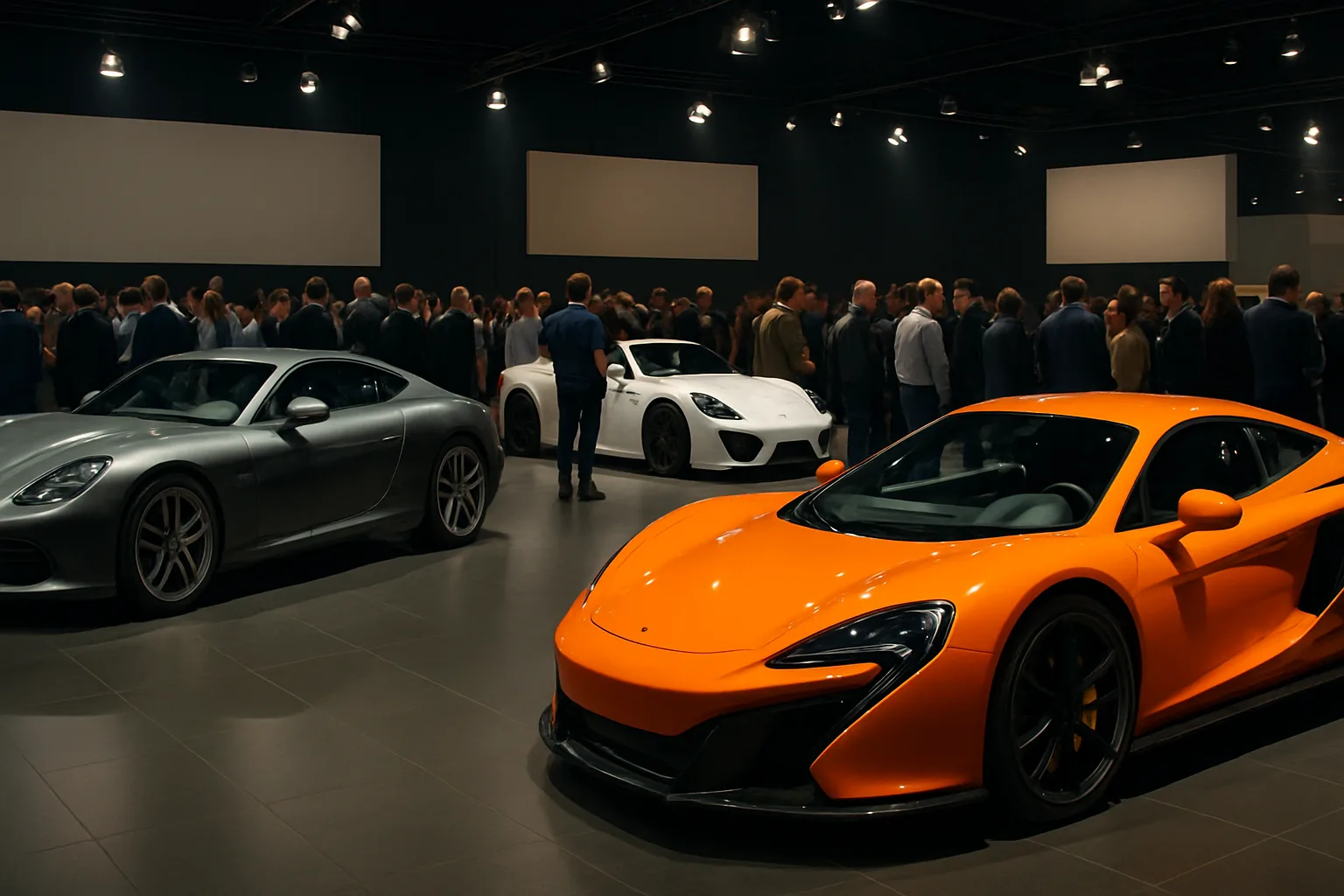 Three sleek, brightly lit sports cars in silver, white and orange on display before a large crowd in a modern showroom