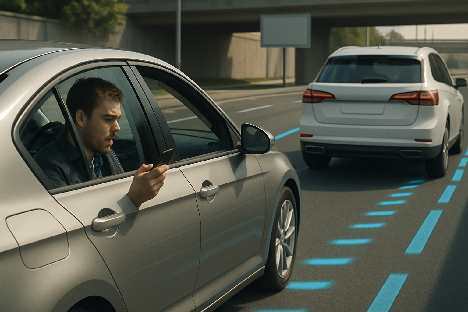 Man in a silver car looks at his phone while blue lines from the vehicle's sensors illuminate the road ahead