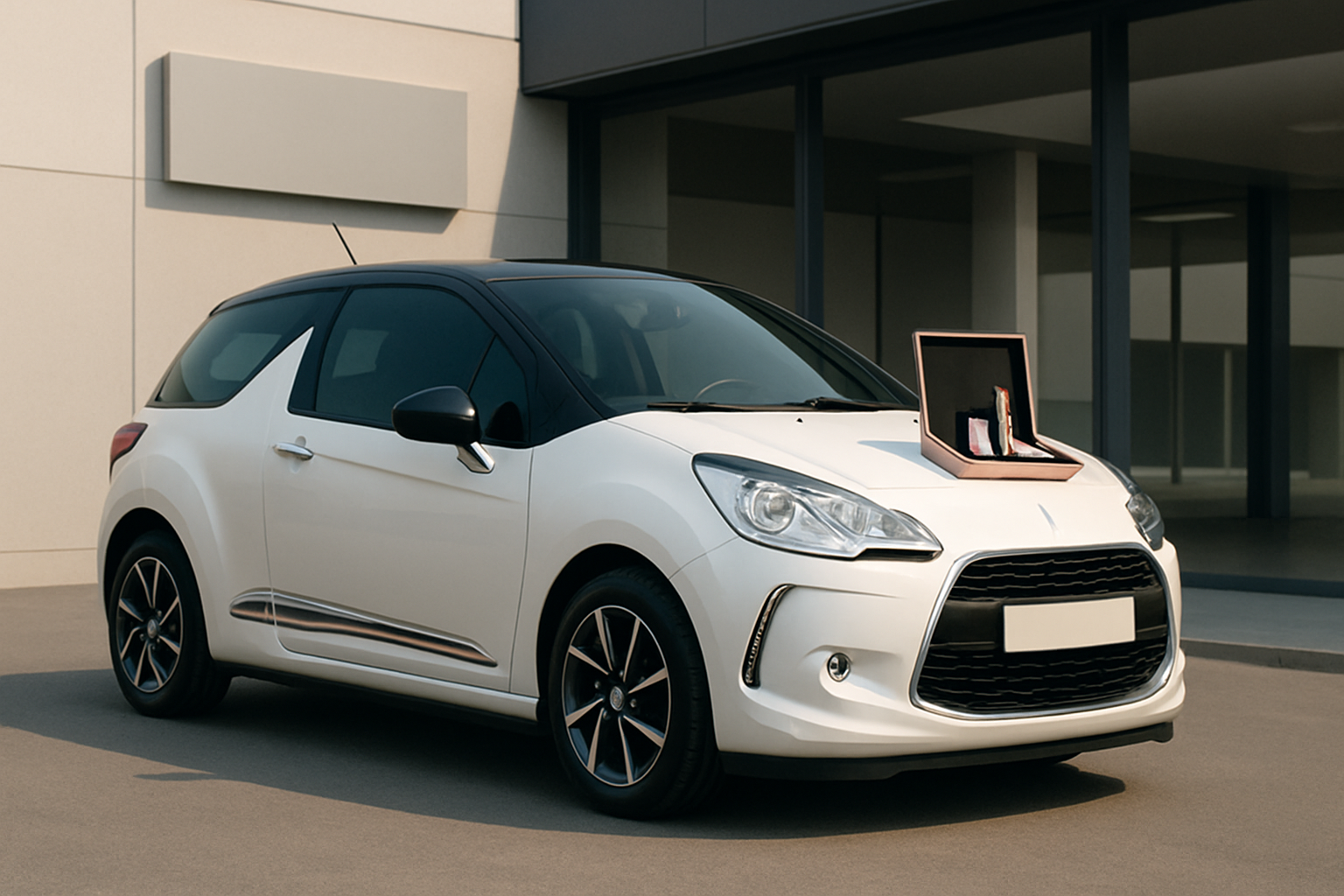 A white compact car with black roof and wheels is parked outside, displaying a cosmetics kit in an open box on its bonnet