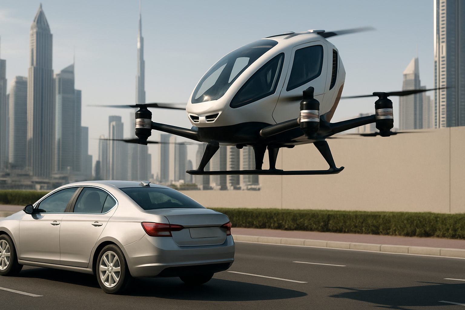 A sleek white drone with black details hovers above a silver sedan on a city road with skyscrapers in the background