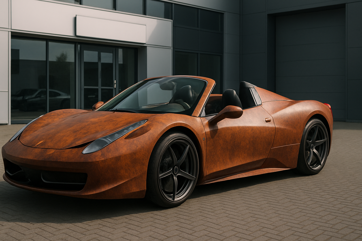 Convertible sports car with a matte rust-brown textured exterior parked on light grey paving outside a modern industrial building