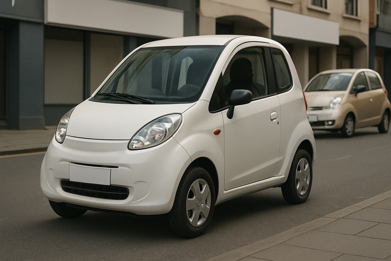 Compact white hatchback car with rounded edges and simple styling parked on an urban street, another car blurred behind