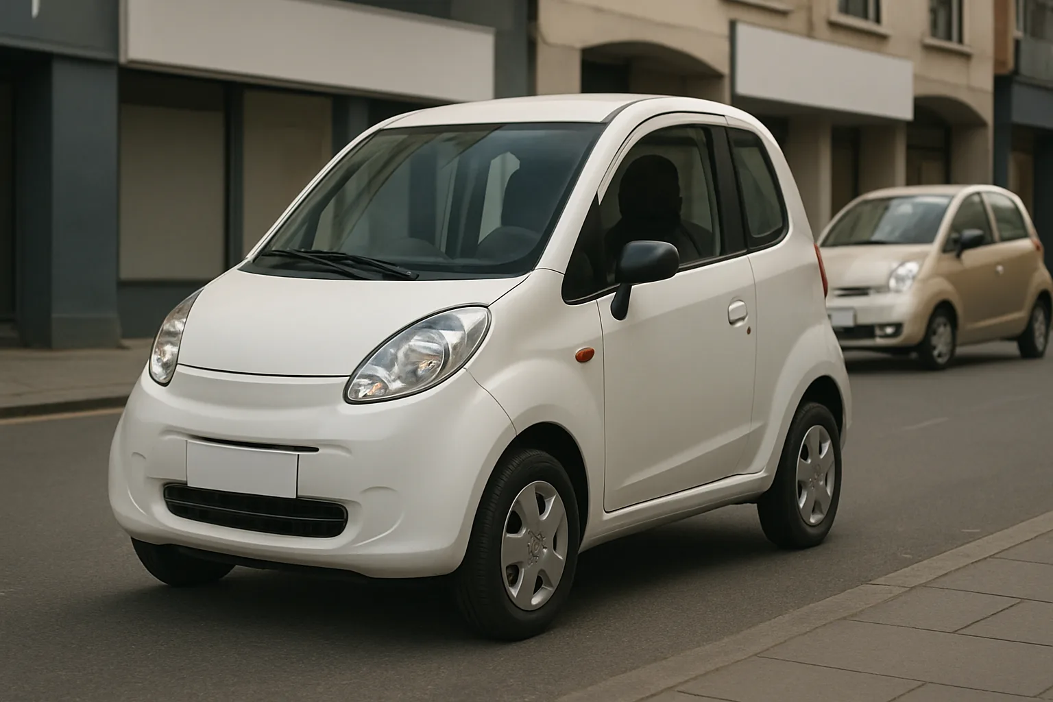 Compact white hatchback car with rounded edges and simple styling parked on an urban street, another car blurred behind