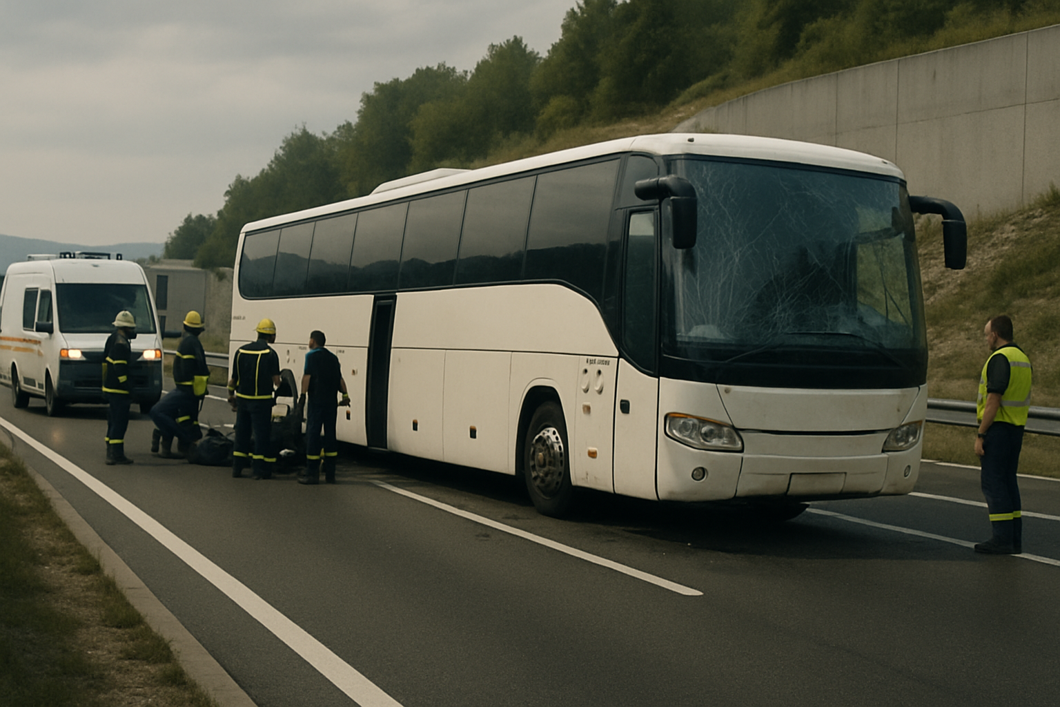 Large white bus with a cracked windshield stopped on a motorway, surrounded by emergency workers in yellow-striped uniforms