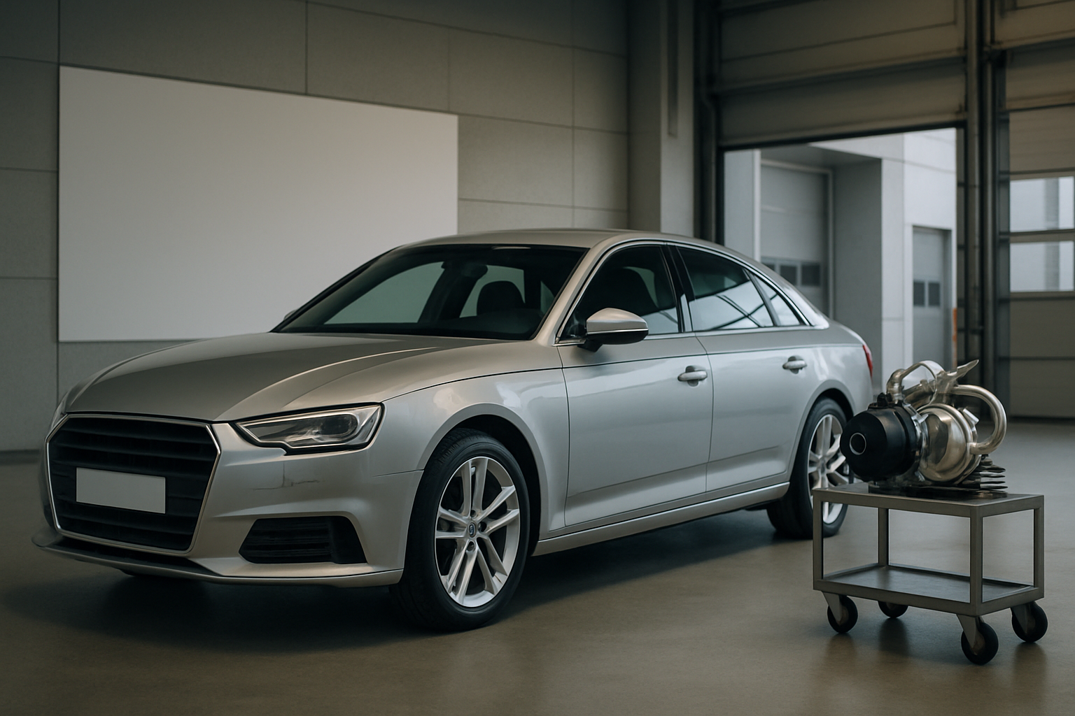 A sleek silver sedan parked in a spacious garage beside a metal cart holding a tubular mechanical device