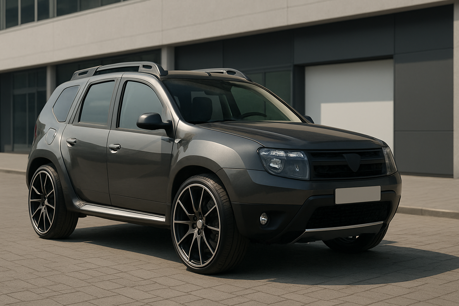 Matte grey compact SUV with large black alloy wheels parked on light paving in front of a modern building