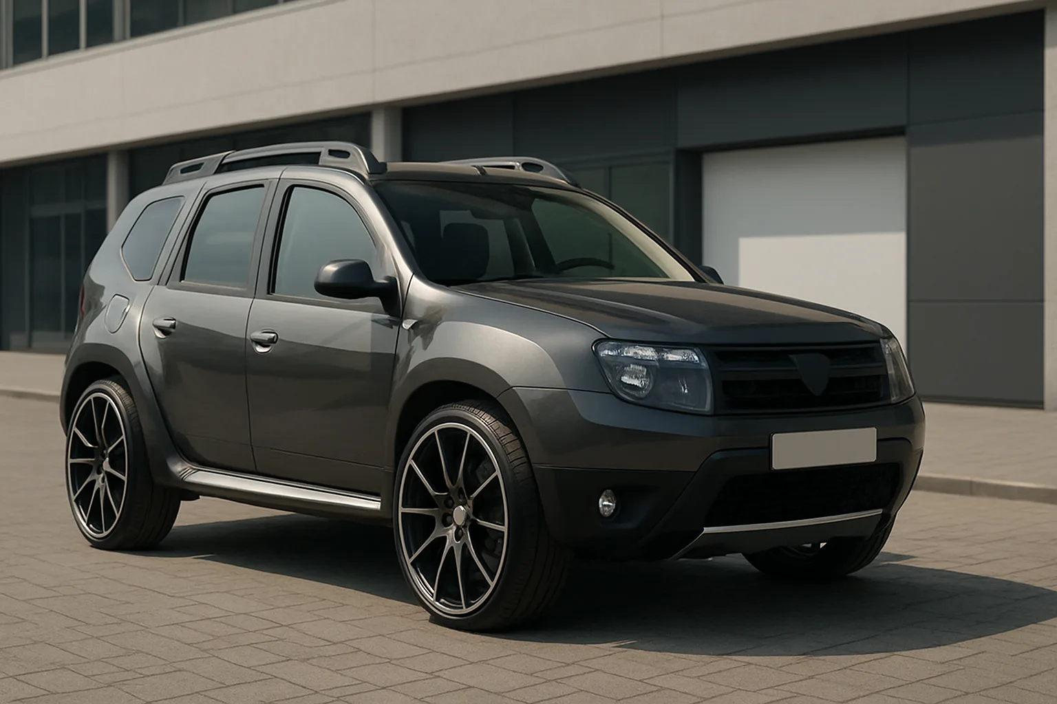 Matte grey compact SUV with large black alloy wheels parked on light paving in front of a modern building
