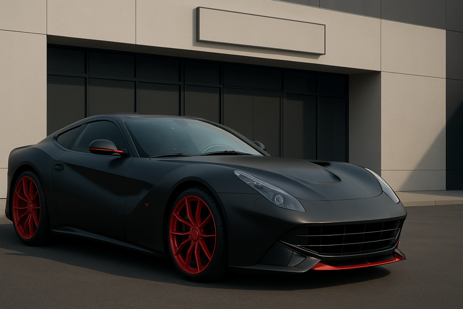 Low, angular sports coupe with a matte black finish and striking red wheels parked before modern grey architecture