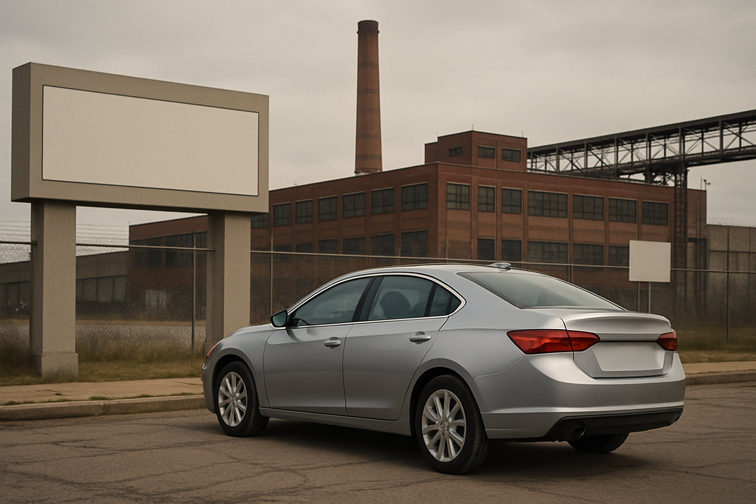 A silver sedan parked on an empty street near a vacant industrial building with a blank roadside sign and overcast sky