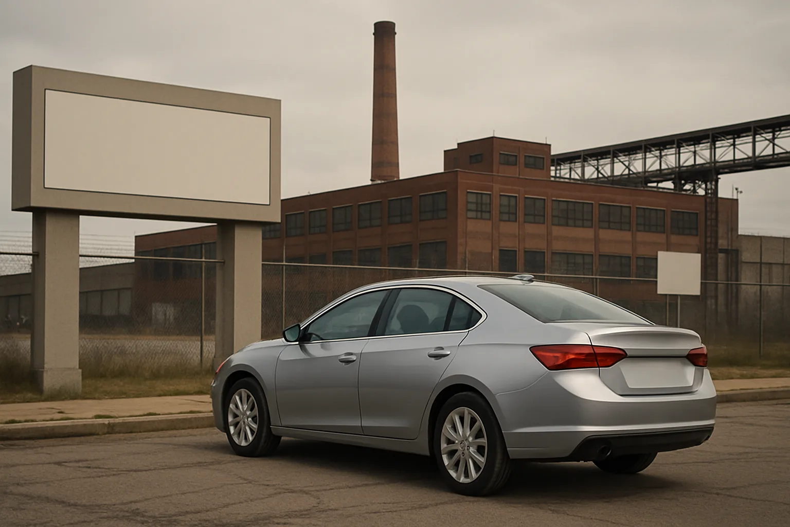 A silver sedan parked on an empty street near a vacant industrial building with a blank roadside sign and overcast sky