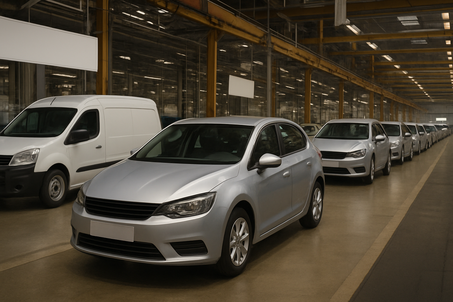Rows of silver and white cars and vans line a brightly lit factory floor with yellow steel beams overhead